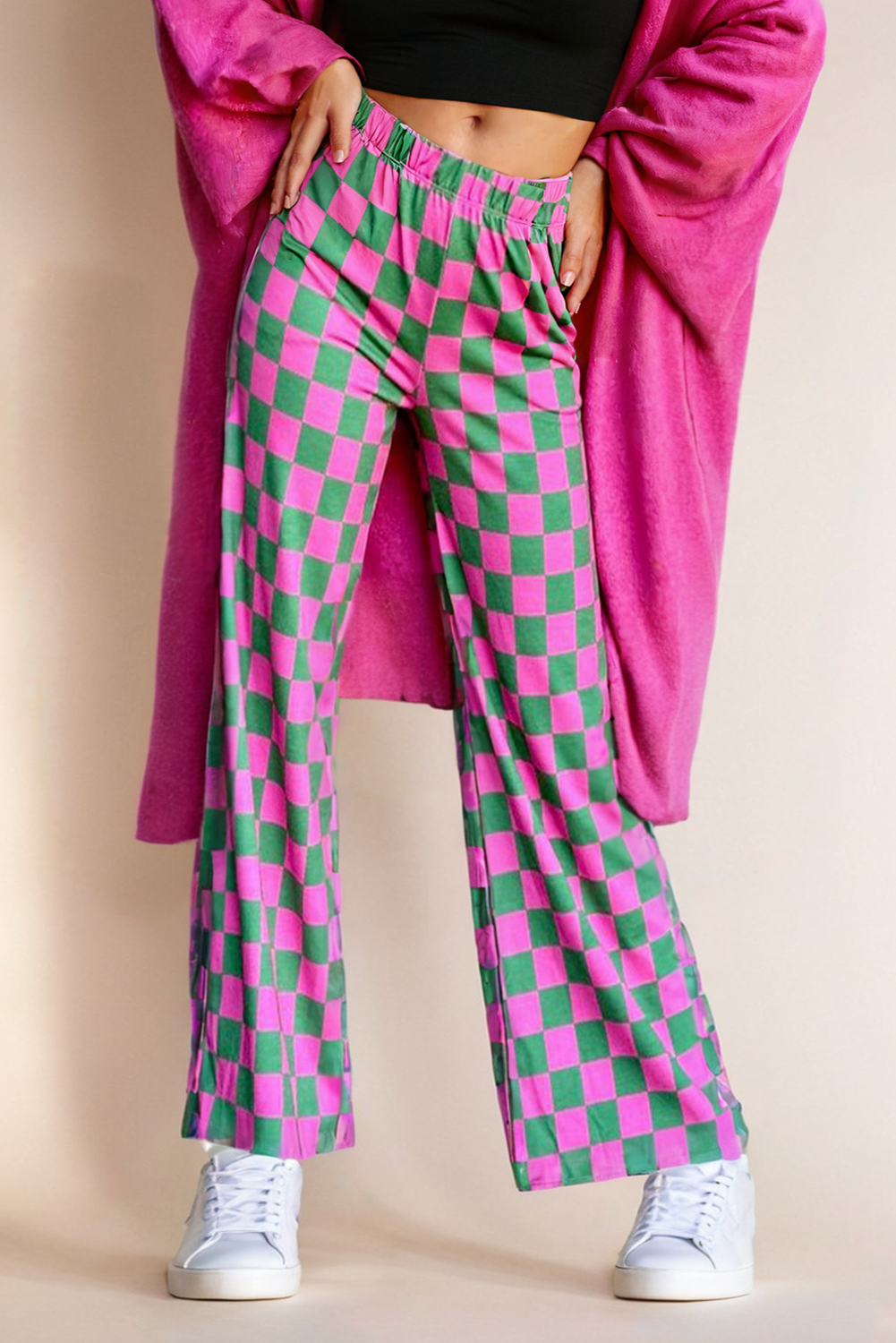 Checkered Print High Waist Wide Leg Pants