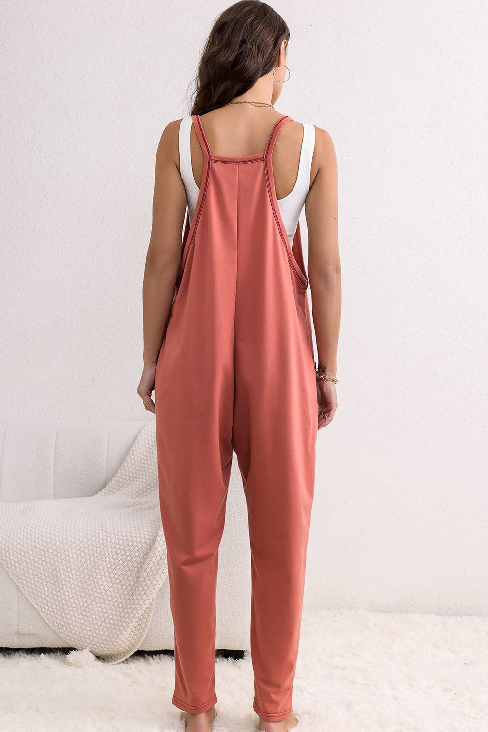 Side Pockets Harem Pants Sleeveless V Neck Jumpsuit