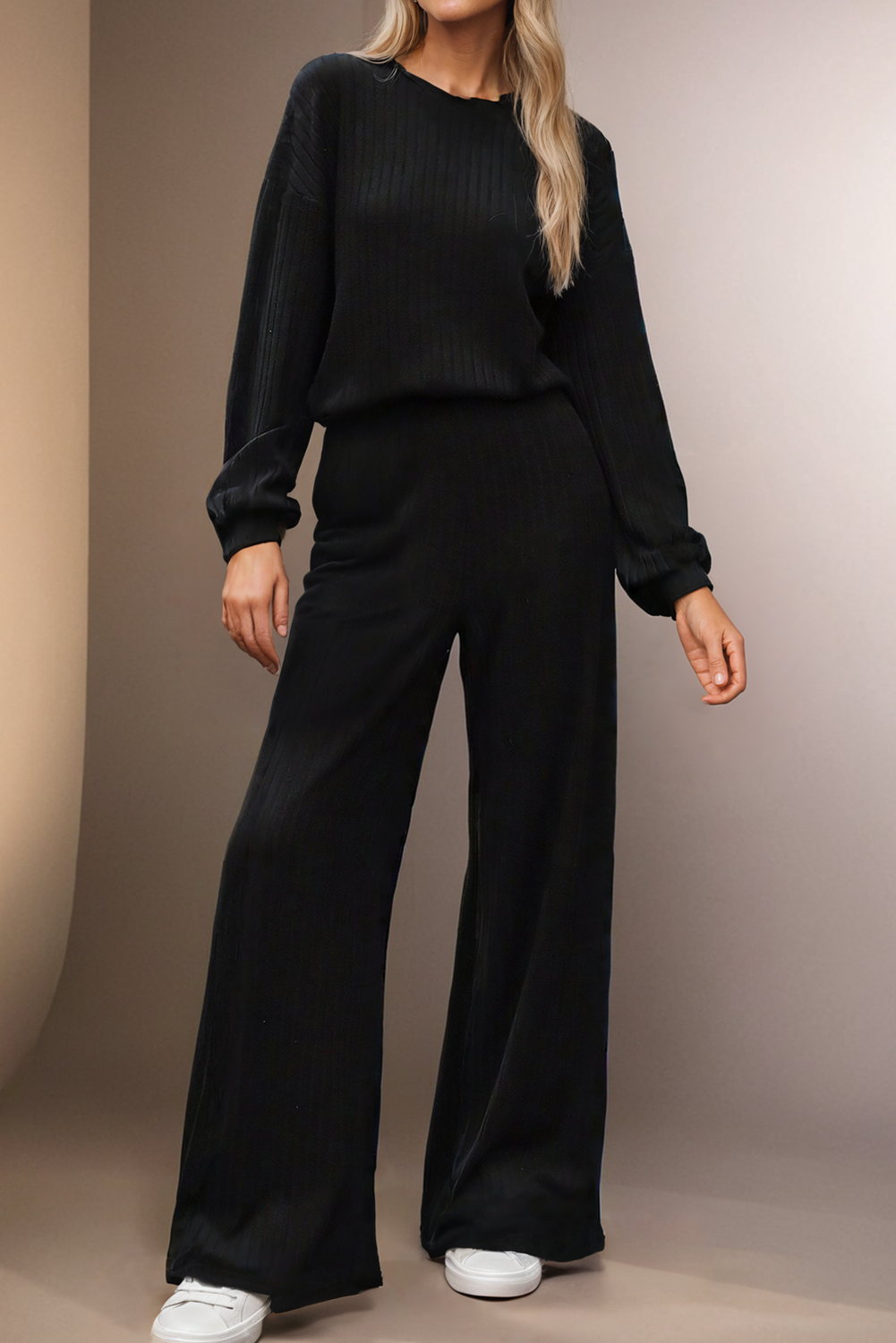 Ribbed Knit Cut Out Back High Waist Jumpsuit