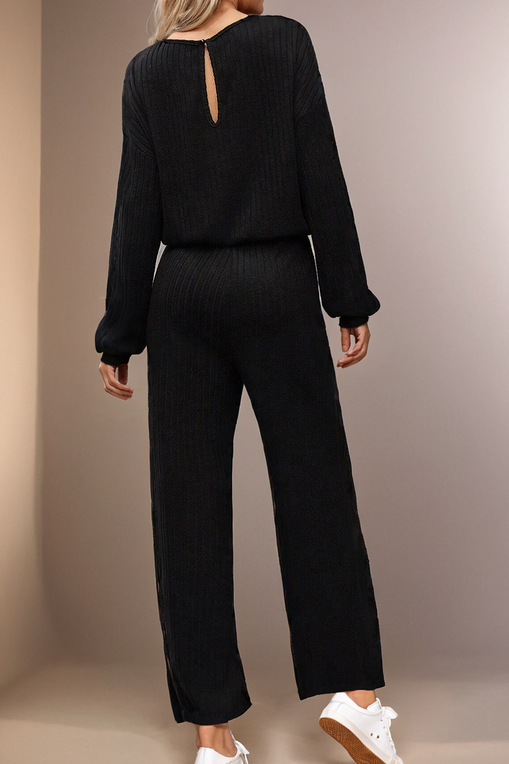 Ribbed Knit Cut Out Back High Waist Jumpsuit