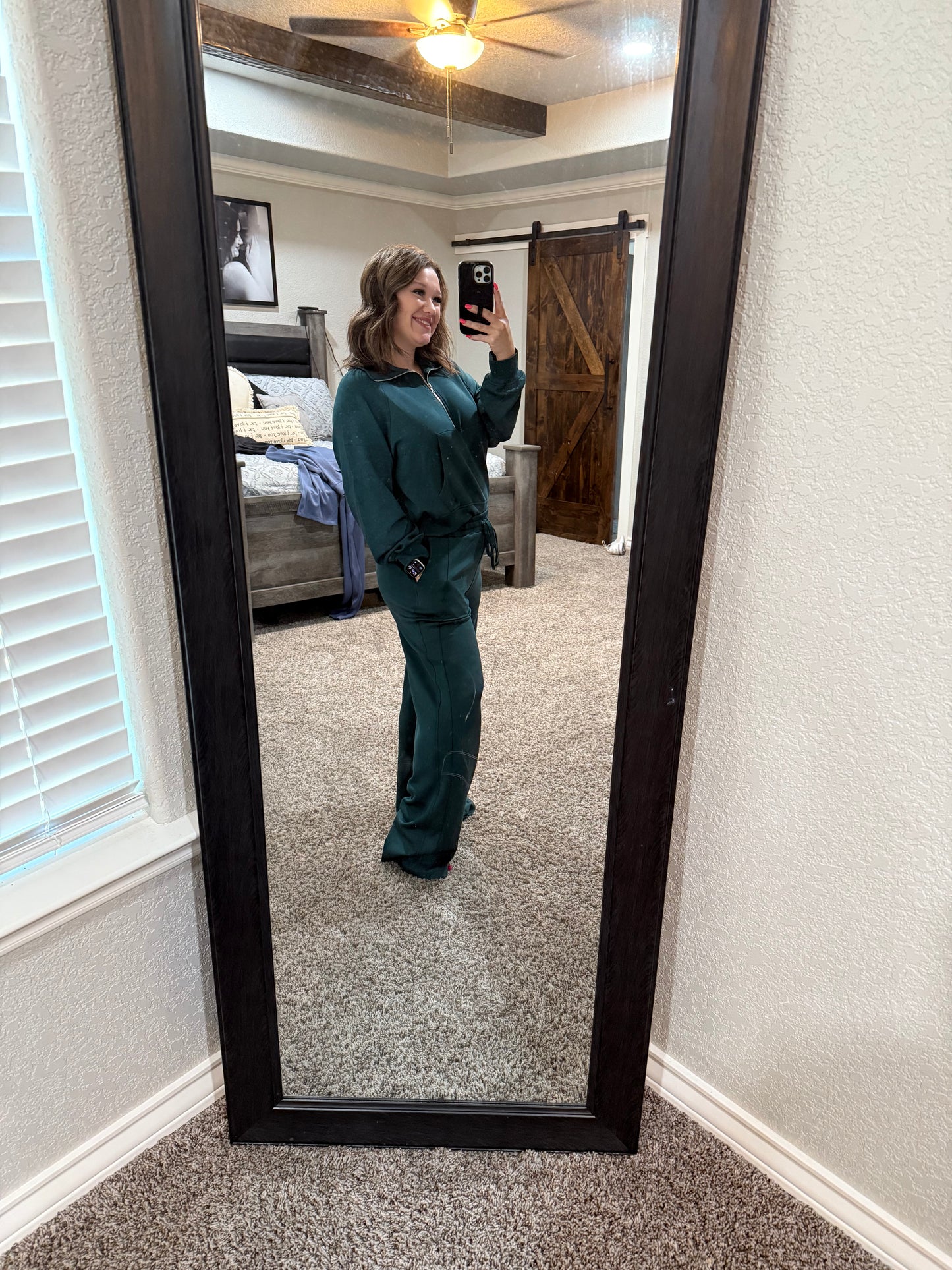 Deep Green High-Waist Wide-Leg Drawstring Sweatpants