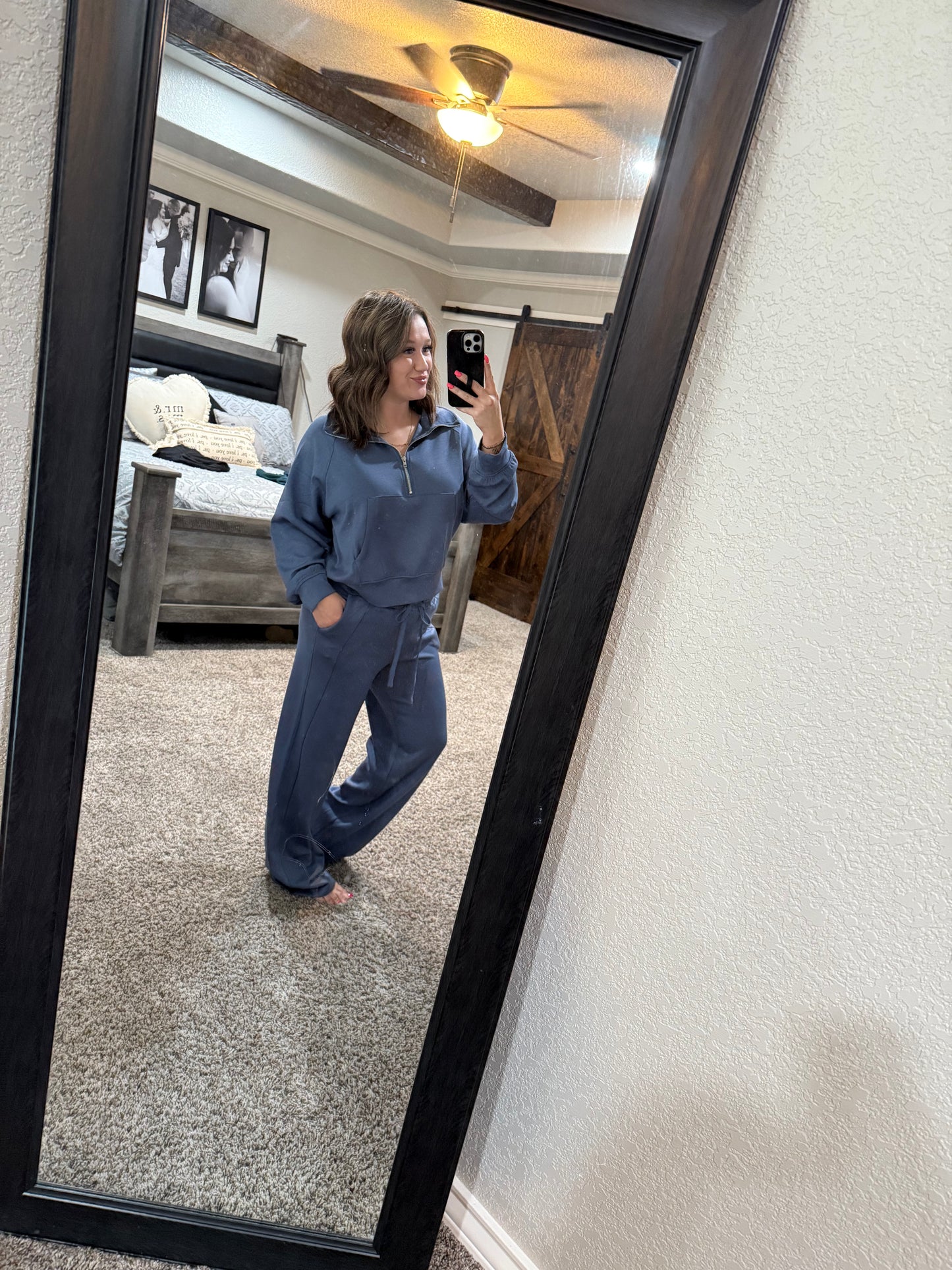 Dusty Blue High-Waist Wide-Leg Drawstring Sweatpants