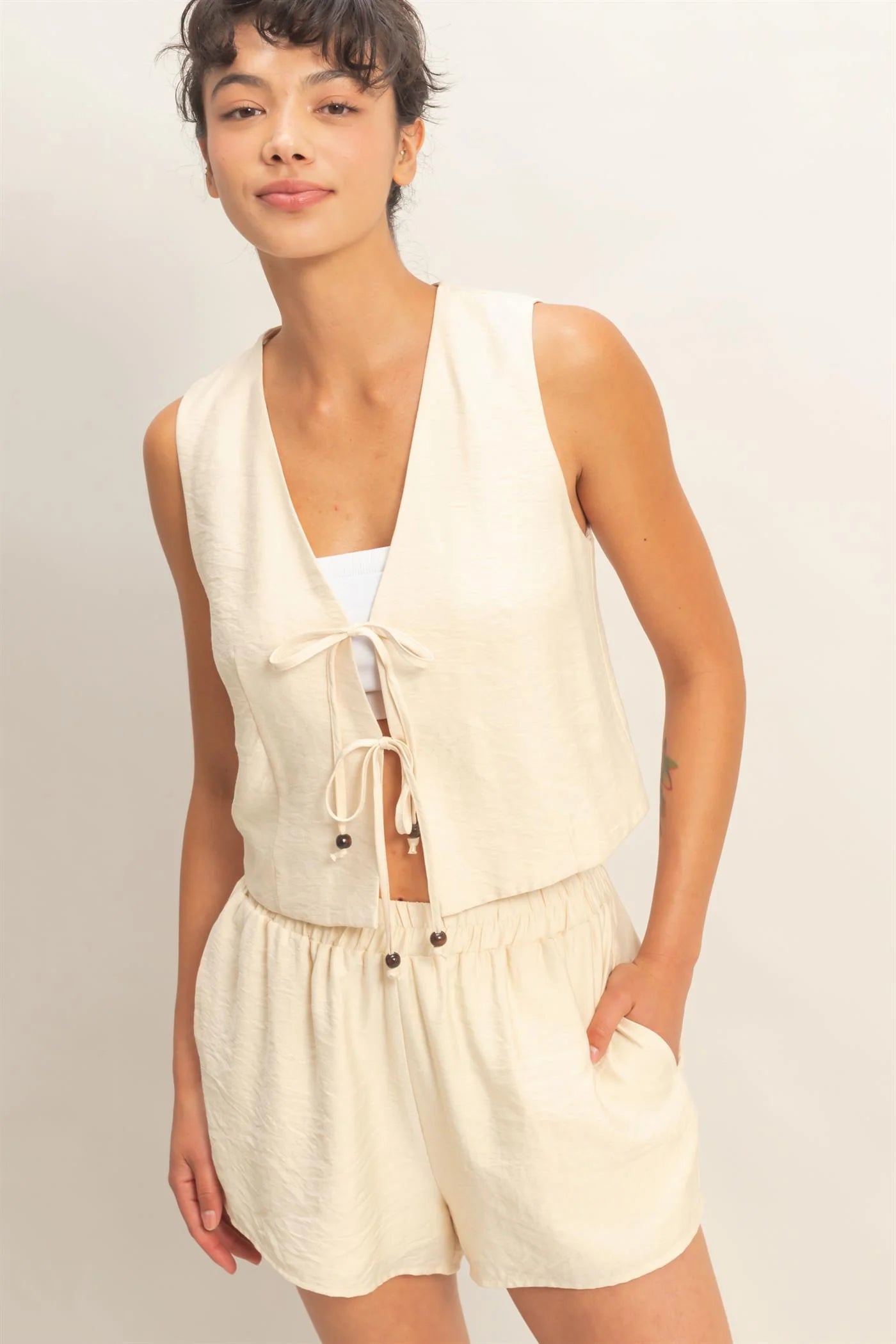 Sleeveless Tie-Front Vest And Elastic Waist Shorts Set