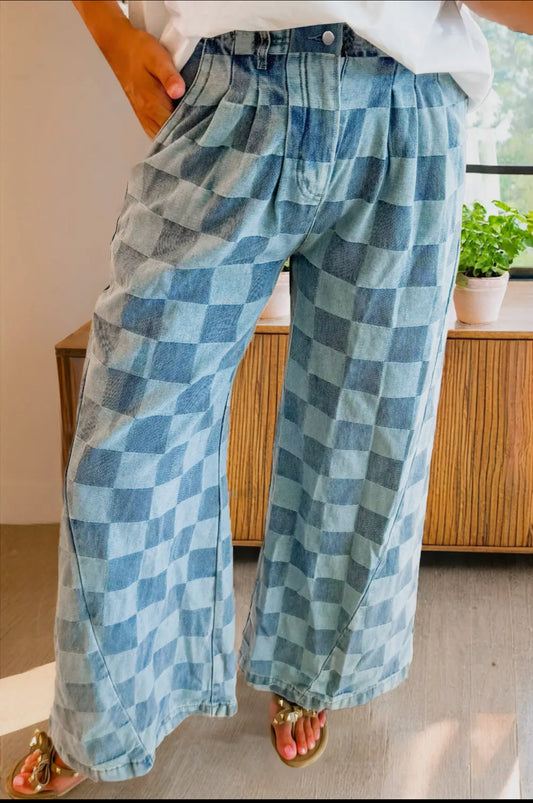 Checkered Wide Leg Denim Jeans
