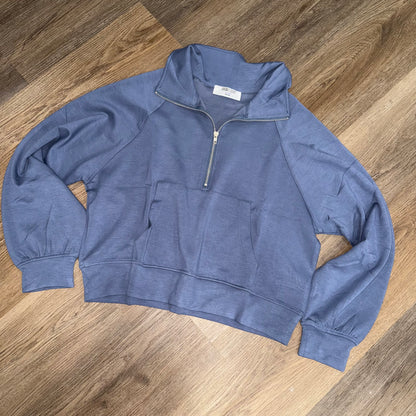 Double Knit Half Zip-Up High Neck Collar Sweatshirt - Dusty Blue