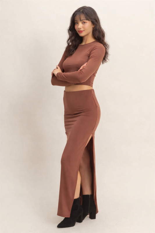 Long Sleeve Crop Top And High Slit Maxi Skirt Set