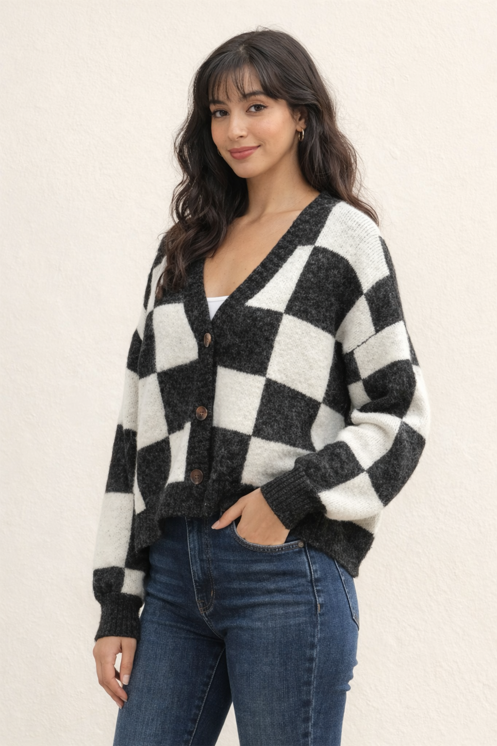 Checkered Button Front Cardigan Sweater