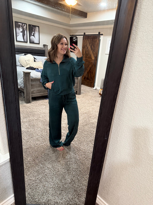 Deep Green High-Waist Wide-Leg Drawstring Sweatpants