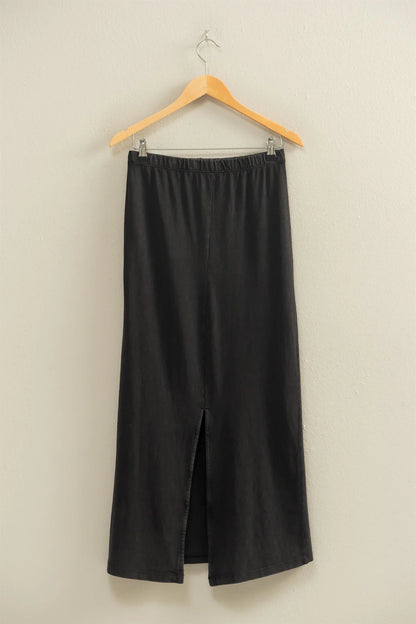 Black Mid-Rise Mineral Washed Casual Maxi Skirt
