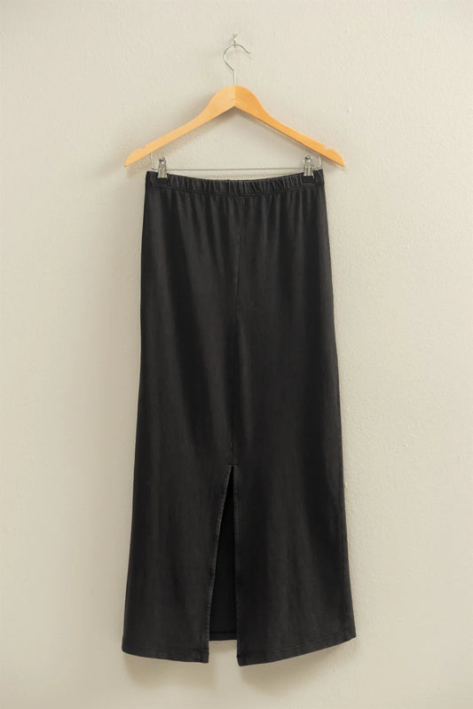 Black Mid-Rise Mineral Washed Casual Maxi Skirt