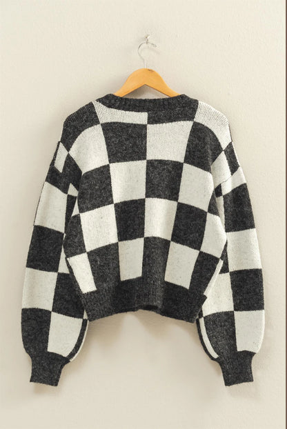Checkered Button Front Cardigan Sweater