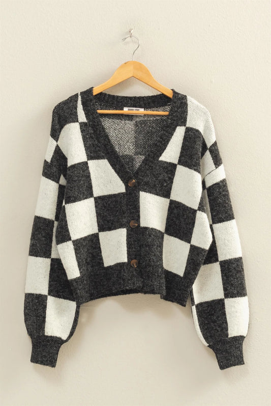 Checkered Button Front Cardigan Sweater