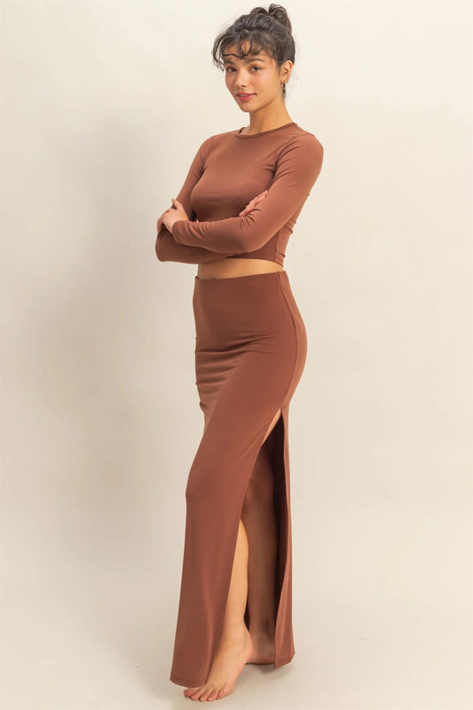 Long Sleeve Crop Top And High Slit Maxi Skirt Set