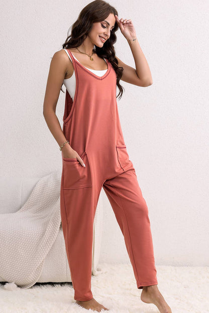 Side Pockets Harem Pants Sleeveless V Neck Jumpsuit