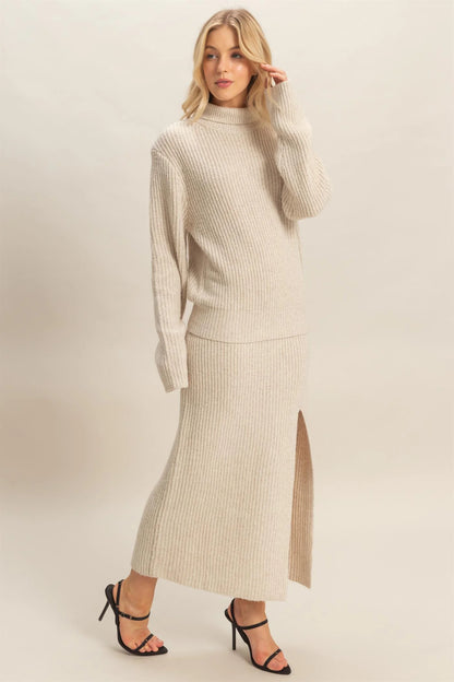 Oatmeal Ribbed Side Slit Sweater Skirt Set