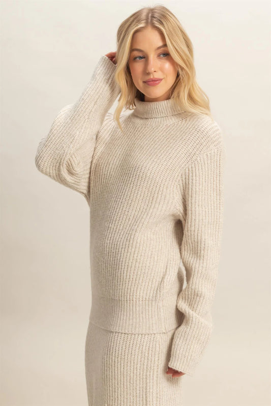 Oatmeal Ribbed Side Slit Sweater Skirt Set