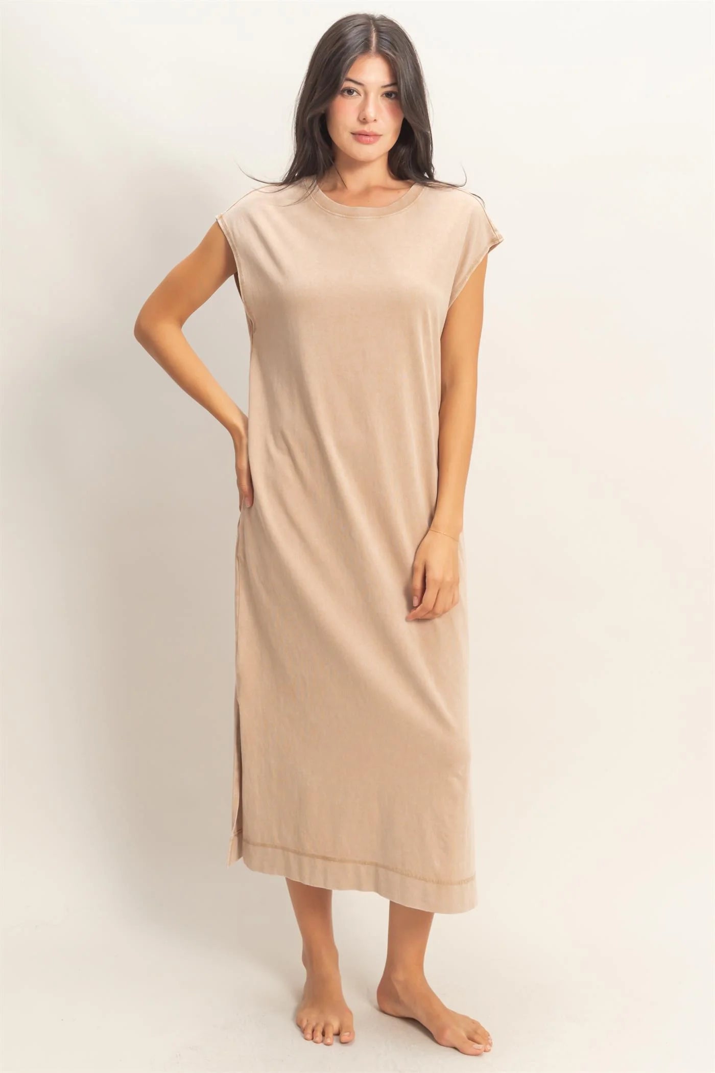 Mineral Wash Cap Sleeve Midi Dress