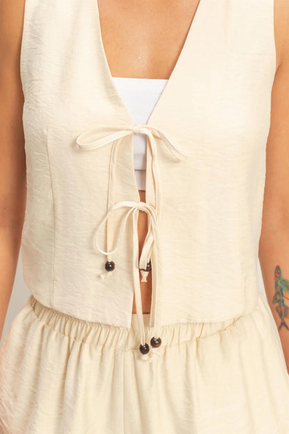 Sleeveless Tie-Front Vest And Elastic Waist Shorts Set