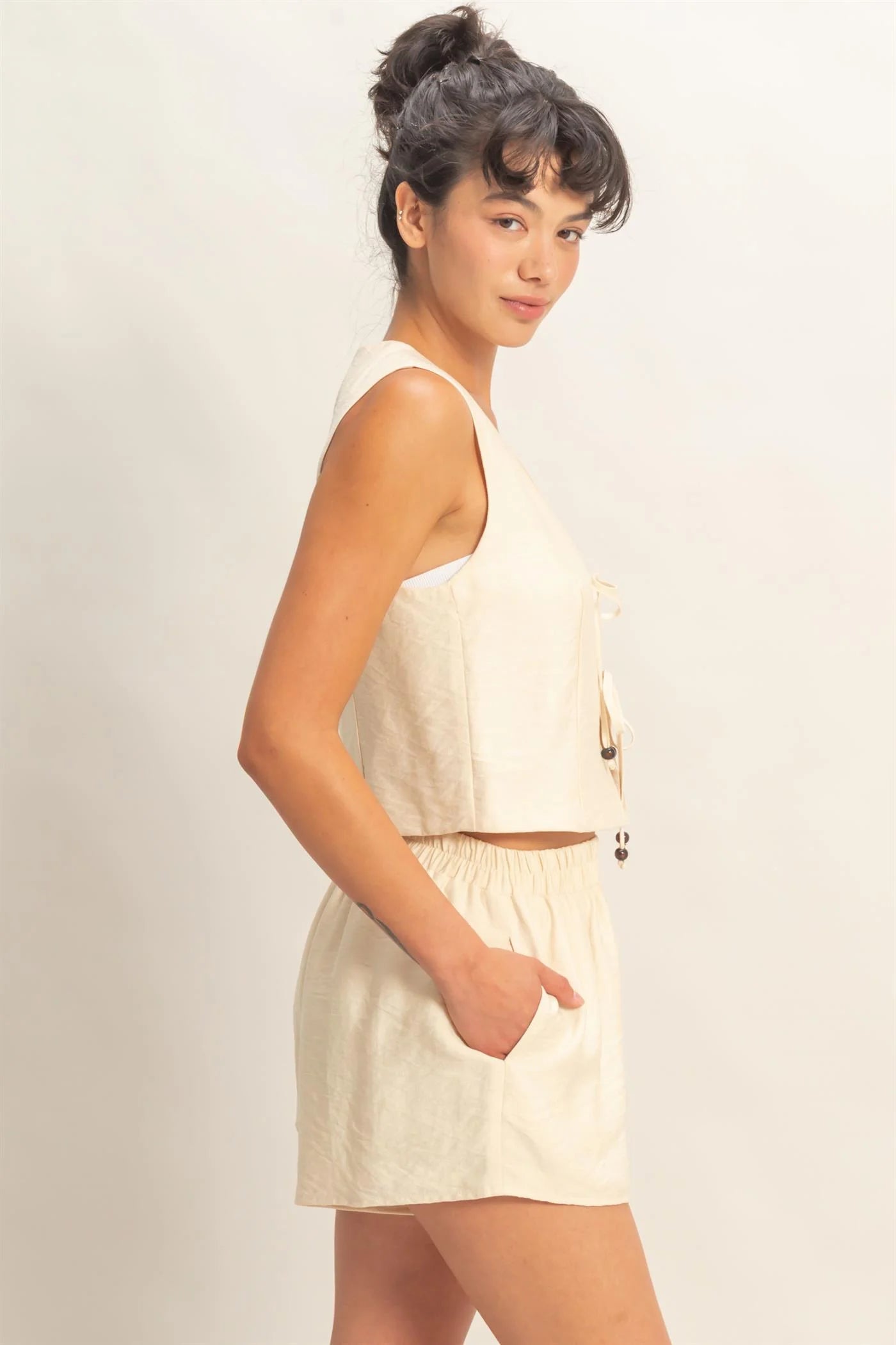 Sleeveless Tie-Front Vest And Elastic Waist Shorts Set