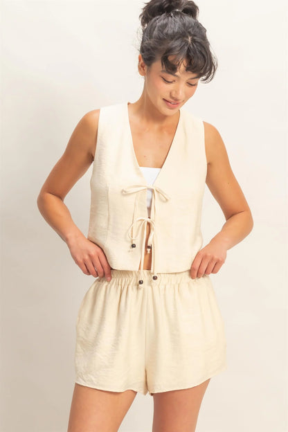Sleeveless Tie-Front Vest And Elastic Waist Shorts Set